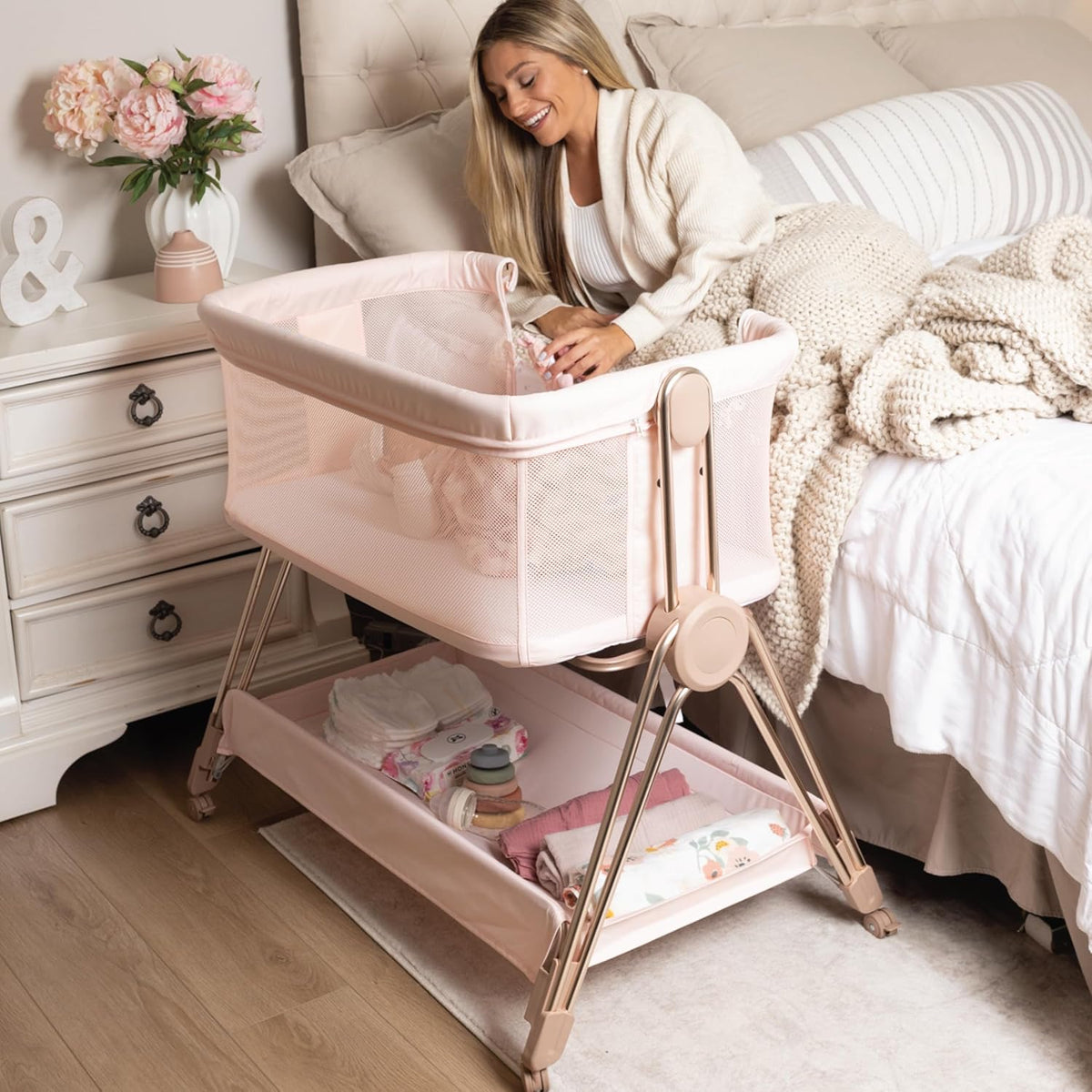 Baby Bedside Sleeper - Bassinet & Bedside Crib with Height Adjustment & Wheels - Can Be Placed Next