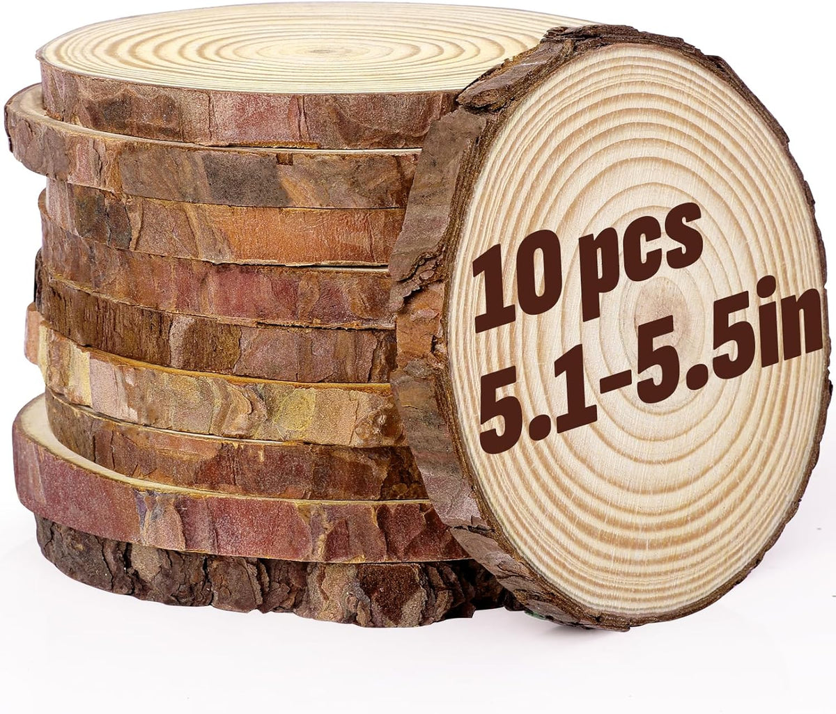 FUMILE Unfinished Natural Wood Slices 5.1-5.5 Inch, 10 PCS Round Wooden Discs with Tree Bark, Wood