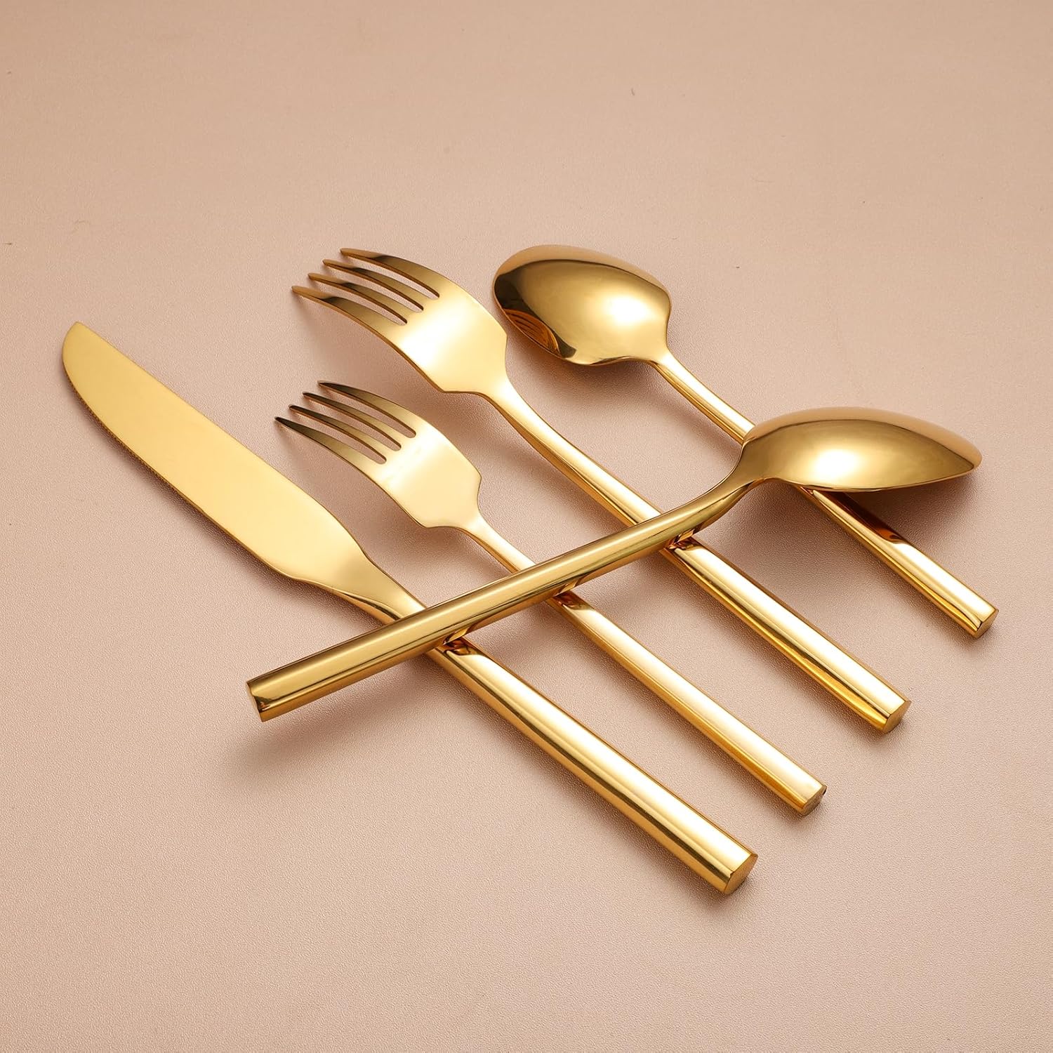 Mirror Silverware Set Gold Flatware Set with Hexagon Handle 20 Pieces 18/0 Stainless Steel Cutlery