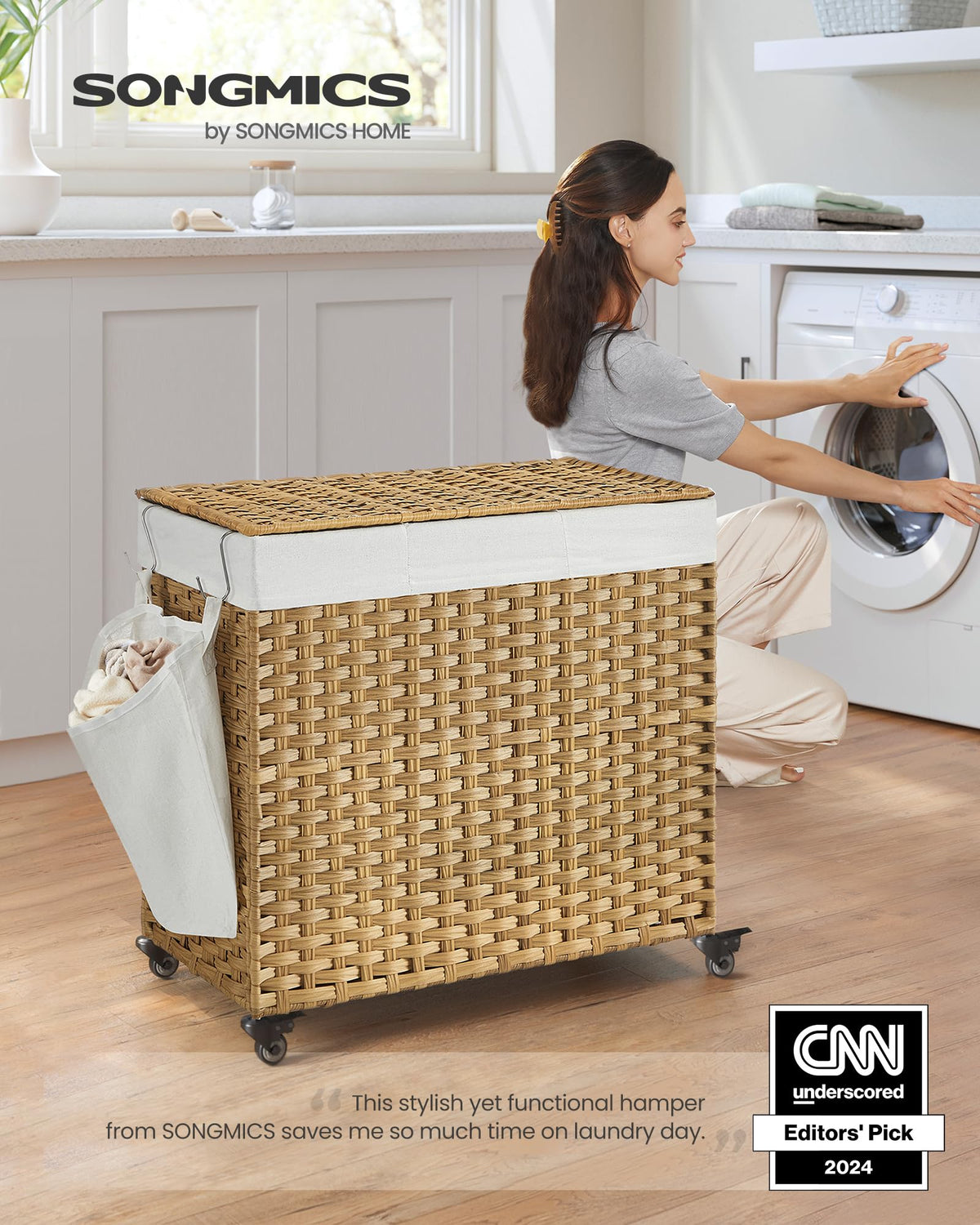 SONGMICS Laundry Hamper with Lid, 37 Gallons (140 L), Rolling Laundry Basket with Wheels, 3-Section