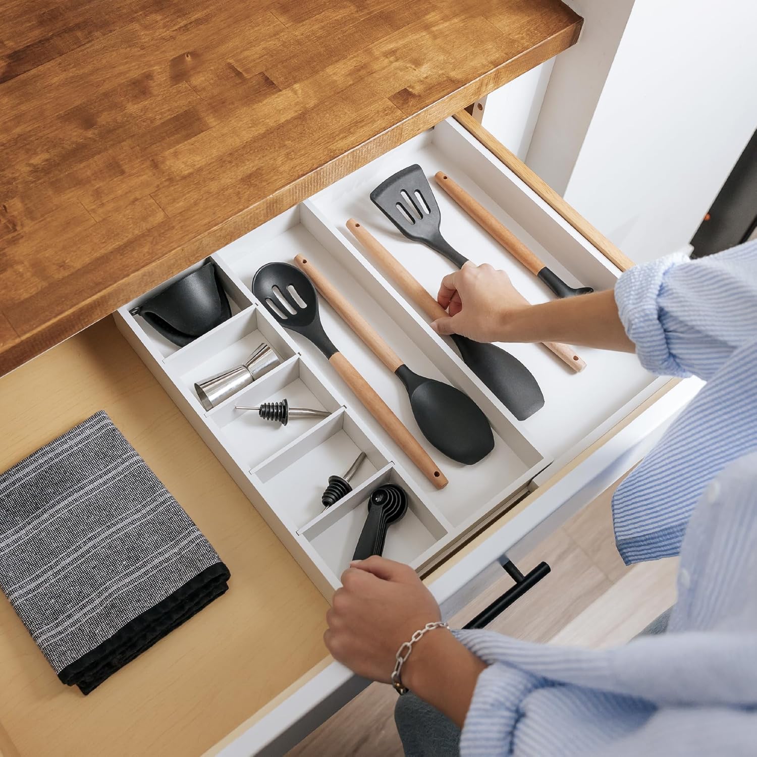 Adjustable Kitchen Drawer Organizer for Utensils and Junk, Food-Safe Contract Grade with 100%