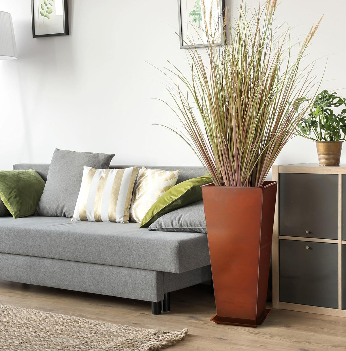 KOL 25''H. Galvanized Steel Planter with Saucer, Tall Glazed Planter Pots for Indoor & Outdoor Use