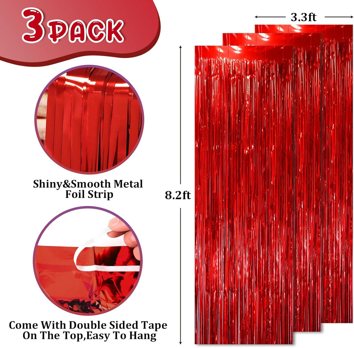 3 Pack 3.3x8.2 Feet Red Foil Fringe Backdrop Curtains, Tinsel Streamers Birthday Party Decorations