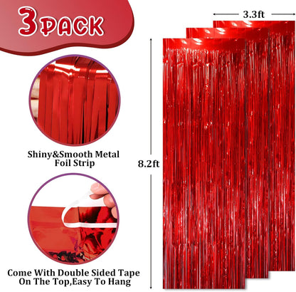 3 Pack 3.3x8.2 Feet Red Foil Fringe Backdrop Curtains, Tinsel Streamers Birthday Party Decorations
