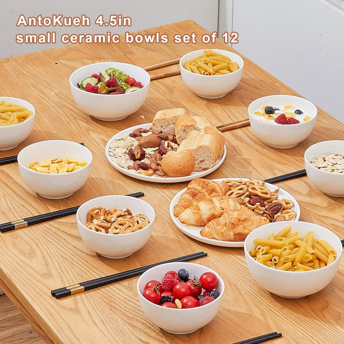 White 4.5in Small Ceramic Bowls 12 OZ, AntoKueh Cereal Bowls Set of 12 for Dessert, Rice, Jello