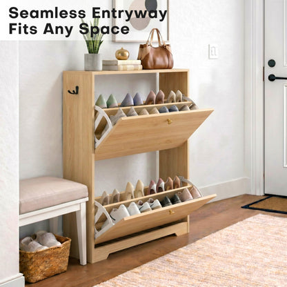 Nicetree Shoe Cabinet with 2 Flip Drawers, Narrow Shoe Organizer Cabinet, Freestanding Shoe Rack