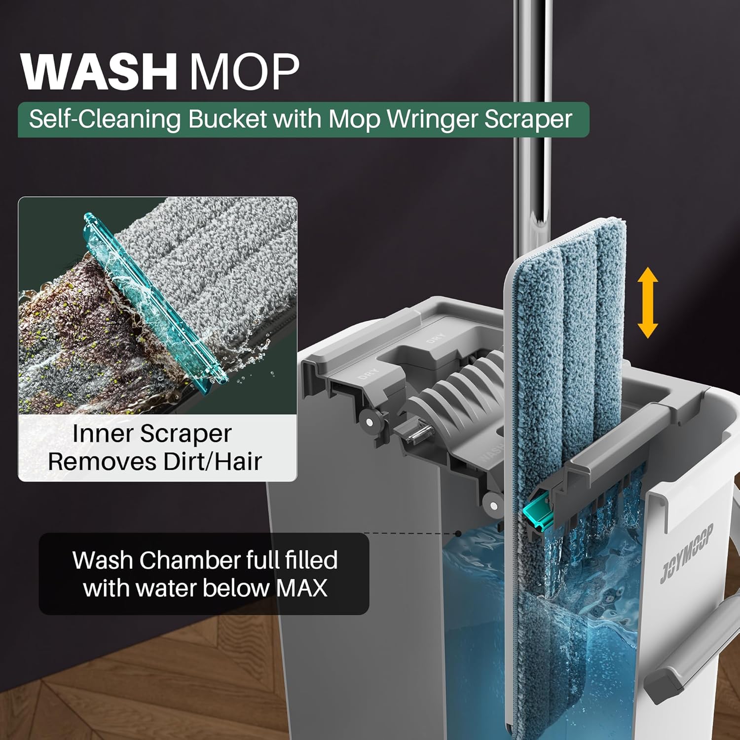 JOYMOOP Mop and Bucket with Wringer Set, Flat Squeeze Mop Flat Head, Dust Mops for Wall Cleaner
