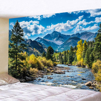 AMM Nature Forest Mountain Tapestry Green Pine Tree Tapestry for Bedroom Aesthetic White Clouds