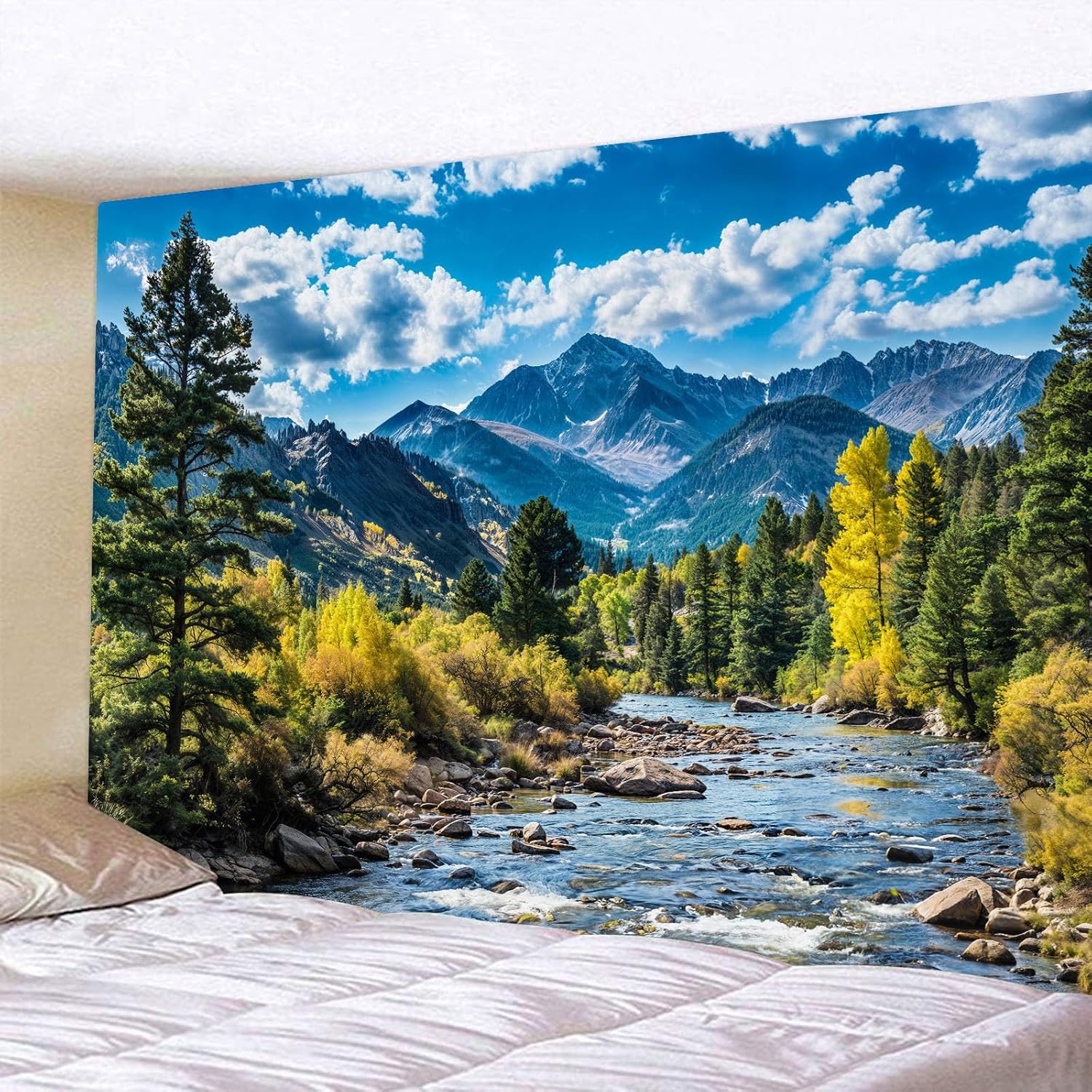 AMM Nature Forest Mountain Tapestry Green Pine Tree Tapestry for Bedroom Aesthetic White Clouds