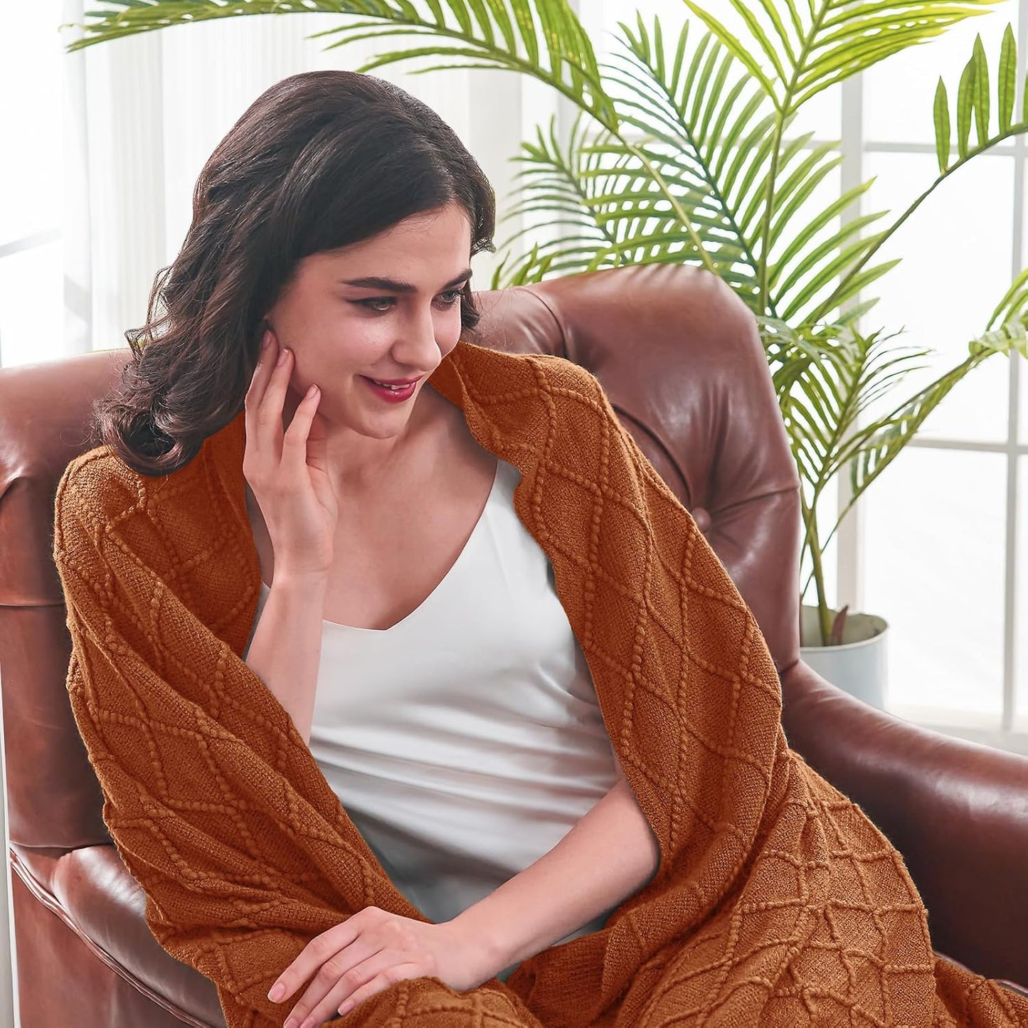 inhand Knitted Throw Blankets for Couch and Bed, Soft Cozy Knit Blanket with Tassel, Orange Rust