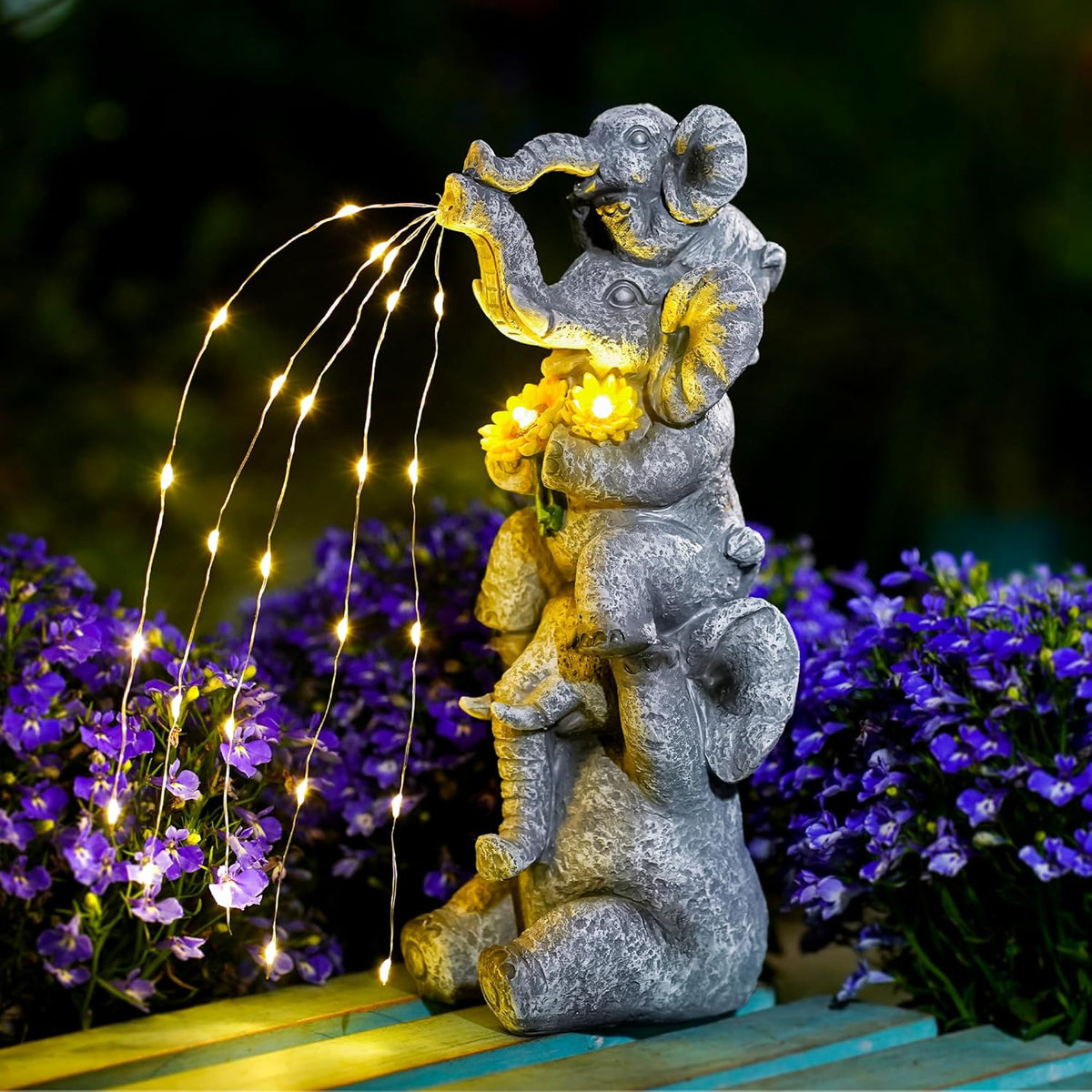 Solar Garden Decor Elephant Statue Outdoor, Luck Triple Elephant Decorations for Yard Porch Lawn