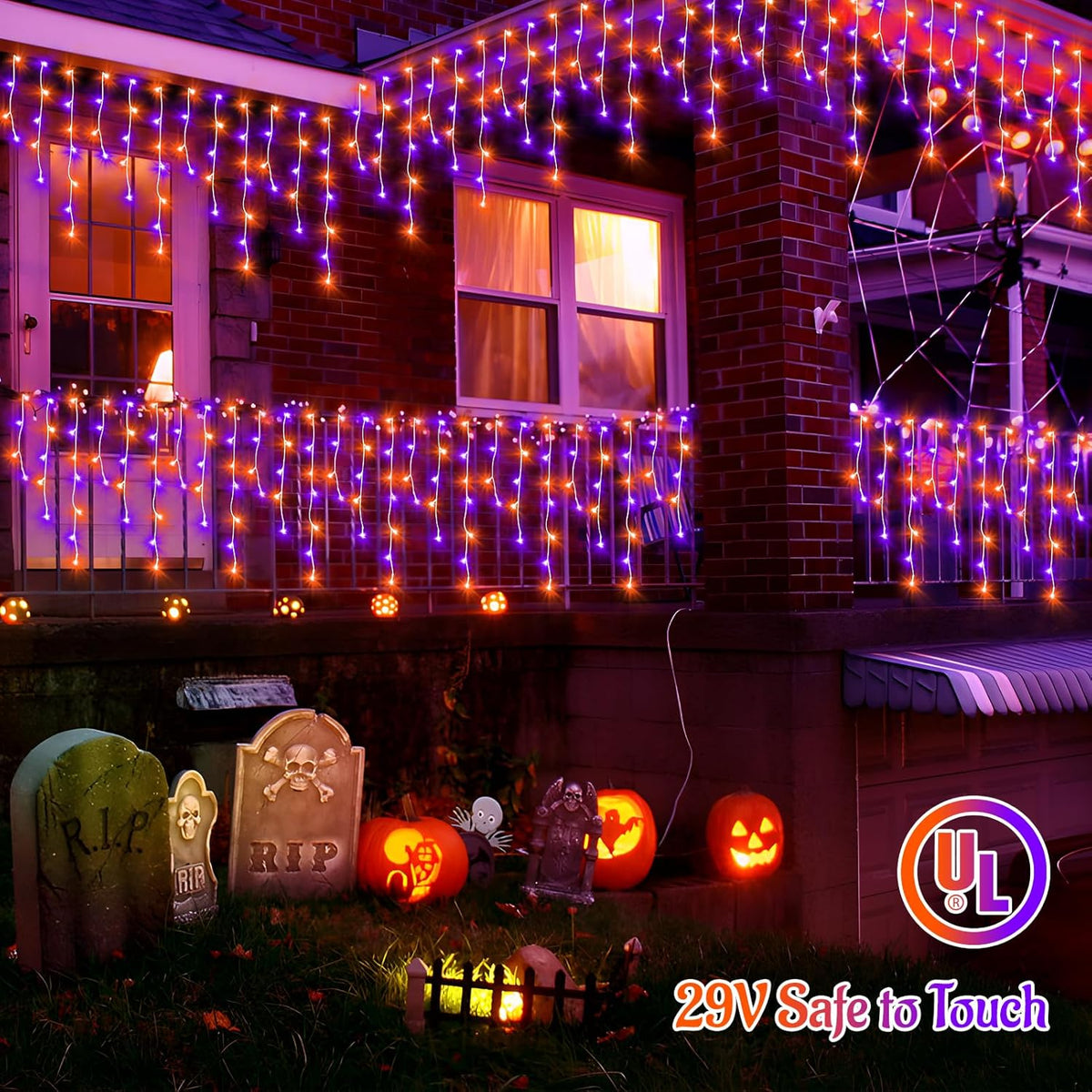 KNONEW Orange Purple Halloween Lights 33FT 400 LED String Lights Outdoor with 75 Drops, 8 Lighting