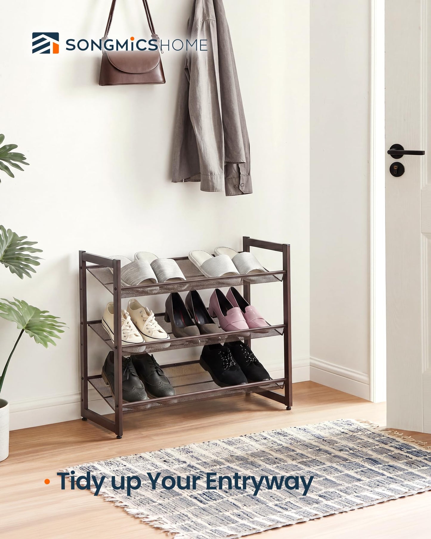 SONGMICS HOME 3-Tier Stackable Shoe Rack, Metal Shoe Organizer for Closet, Entryway, Garage, Flat
