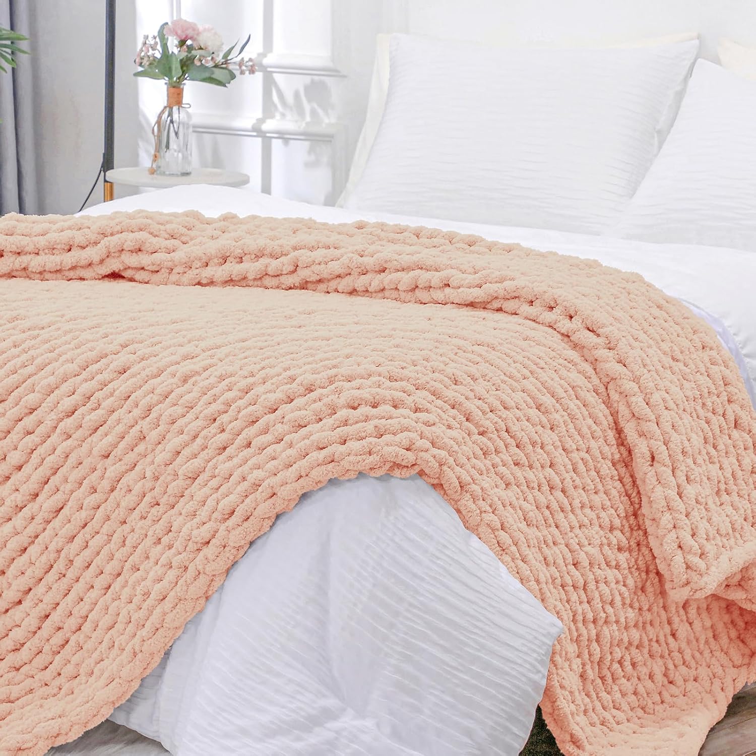 Bigacogo Chunky Knit Throw Blanket for Couch, 40x80 inches, 100% Hand Knitted with Thick Jumbo
