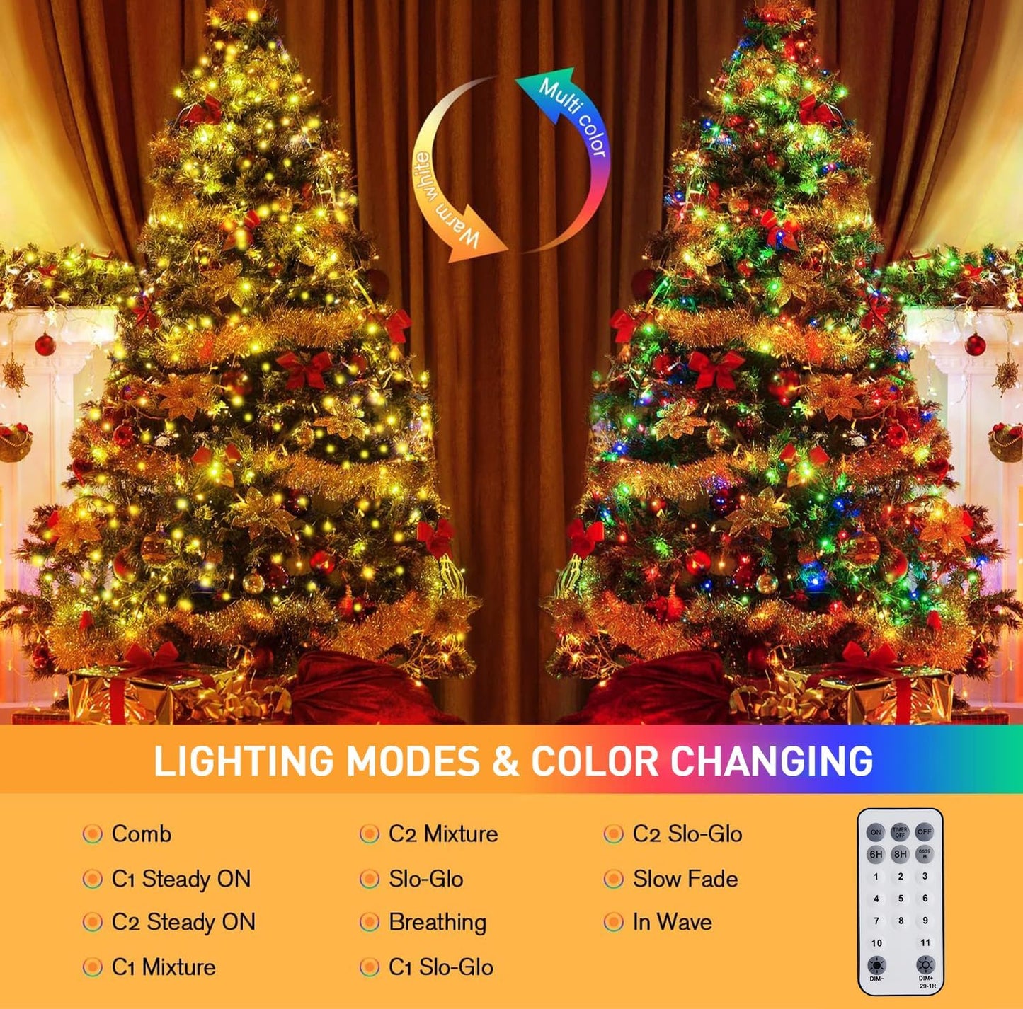 JMEXSUSS 33ft 100 LED Color Changing String Lights Plug in, Warm White & Multicolor Christmas Tree