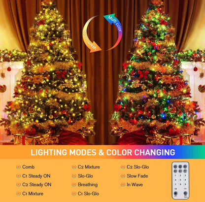 JMEXSUSS 33ft 100 LED Color Changing String Lights Plug in, Warm White & Multicolor Christmas Tree