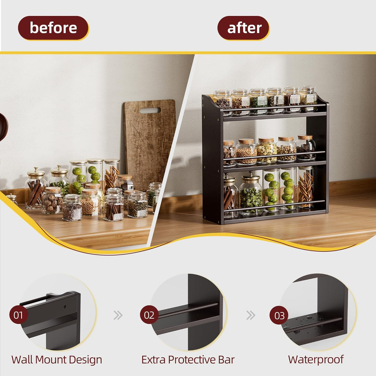 3 Tier Bamboo Wood Spice Rack, Seasoning Bottles Jars Organizer Shelf for Spices or Craft Supplies