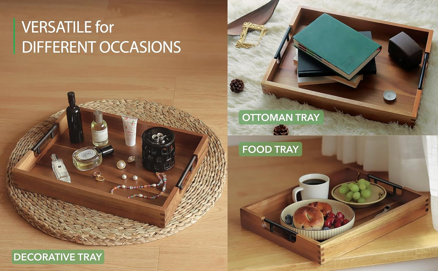 Joy&Grace Ottoman Tray for Living Room 16.7 x 12.8 inch Large Acacia Wooden Serving Tray with