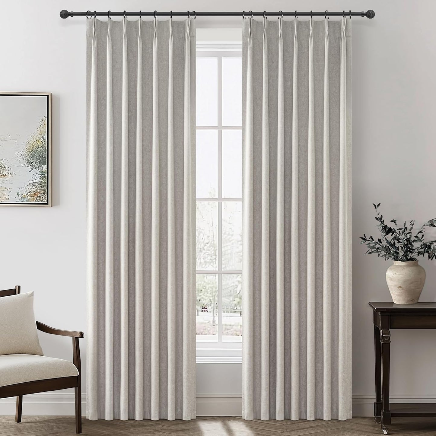 Grey Beige Viral Thick Linen Blackout Curtains 90 Inches Long for Bedroom/Dining Room 2 Panels Set