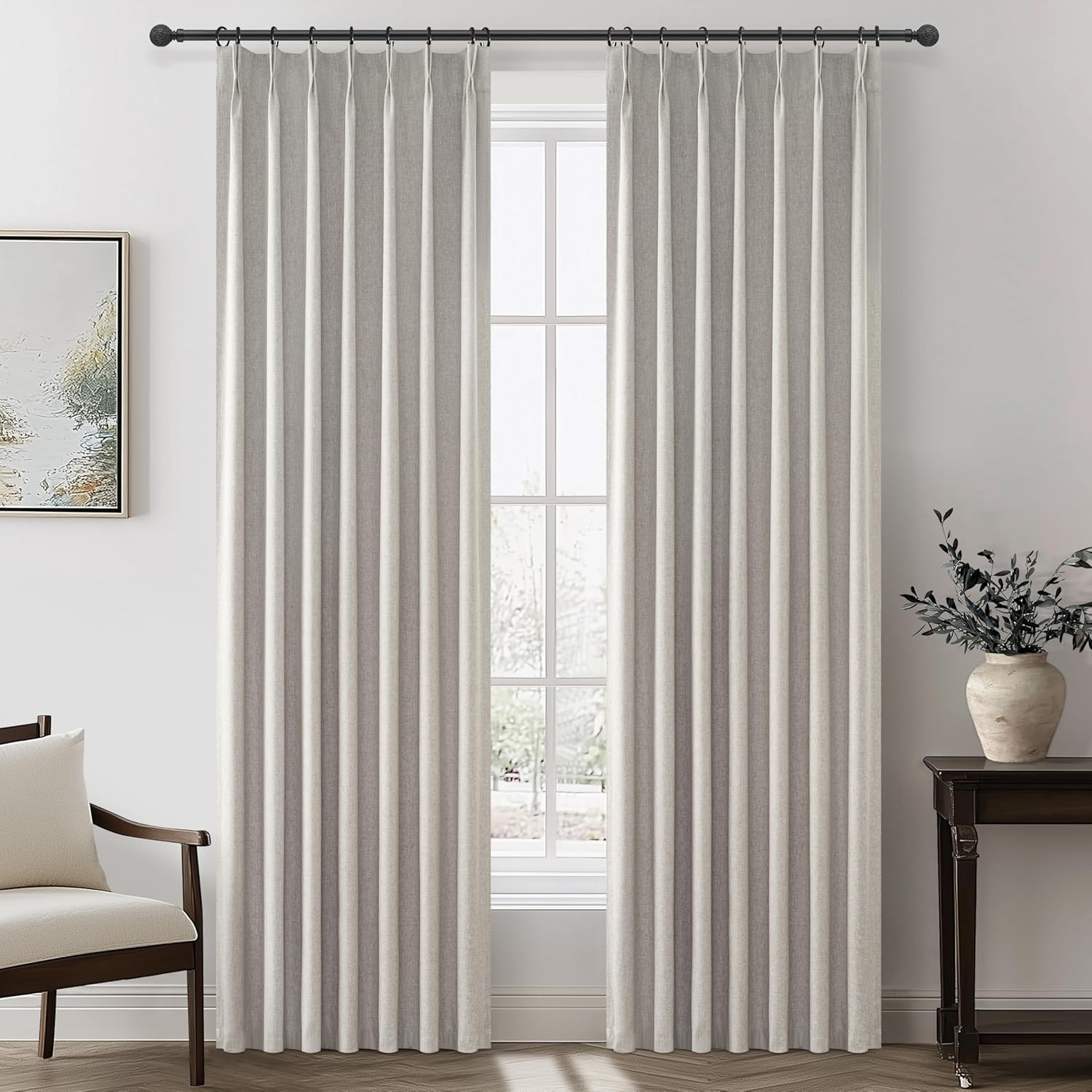 Natural Melange Pleat Room Darkening Curtains 84 Inch Length 2 Panels Set for Living Room, Linen