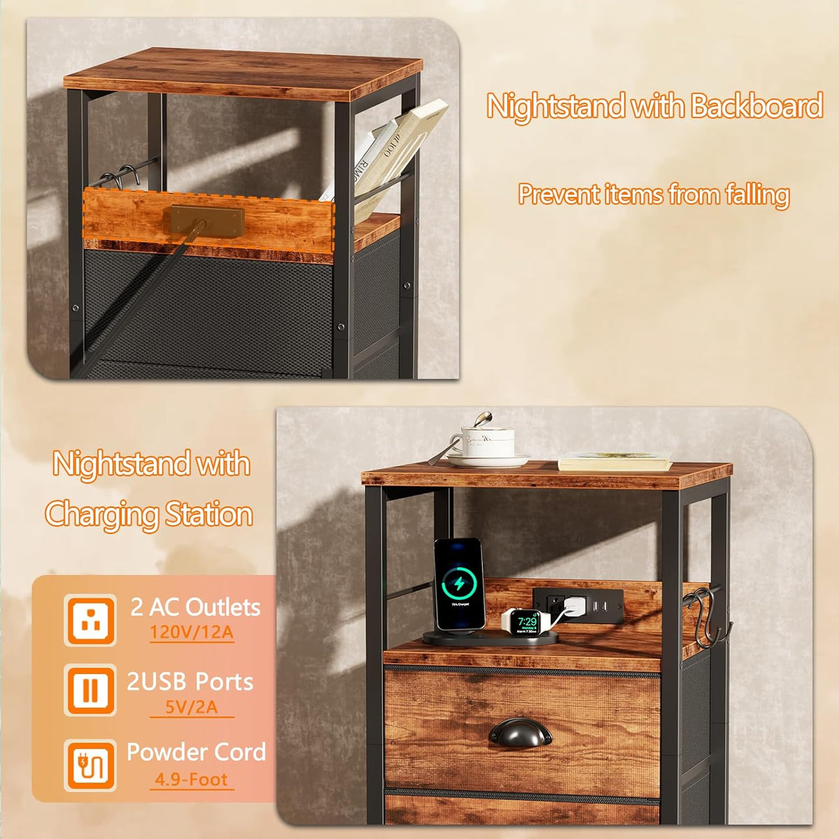 Furologee End Table with Charging Station, Nightstand with Fabric Drawers, Side Table with USB