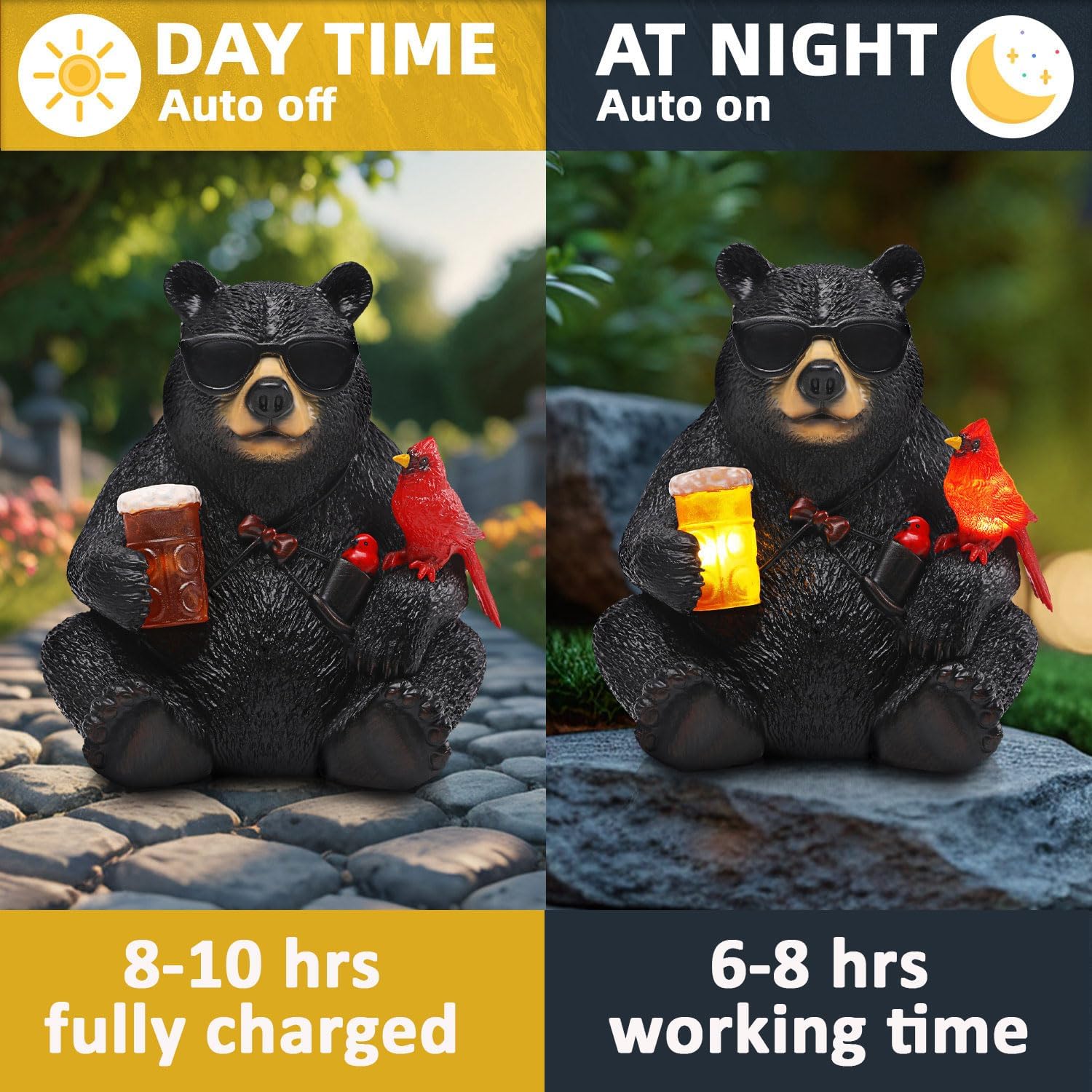 Solar Black Bear Statue for Garden with Beer and Cardinals 6.3" Resin Garden Statues for Outside