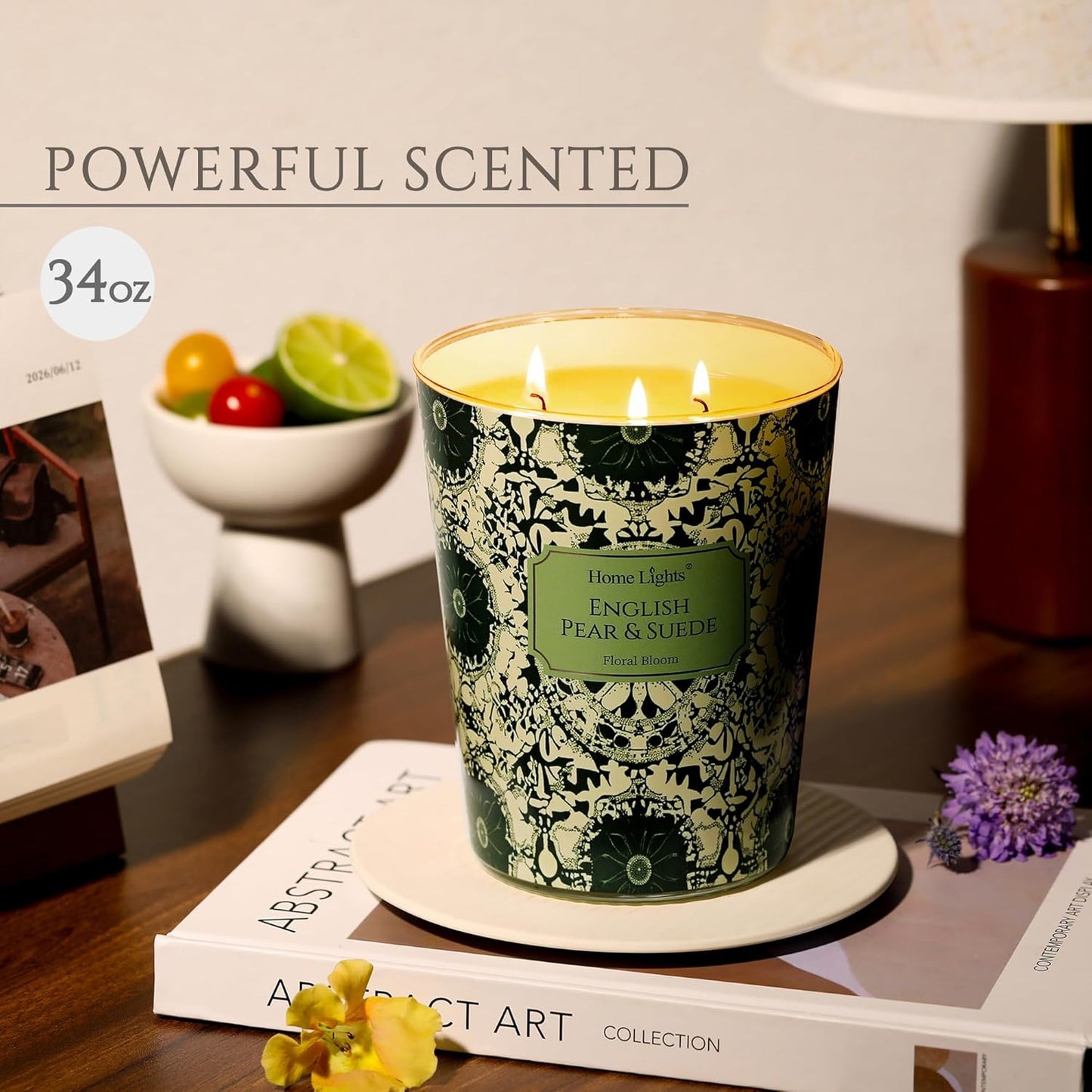 HomeLights Soy Wax Candles for Home Scented, 3-Wick Candles in English Pear & Suede Scented
