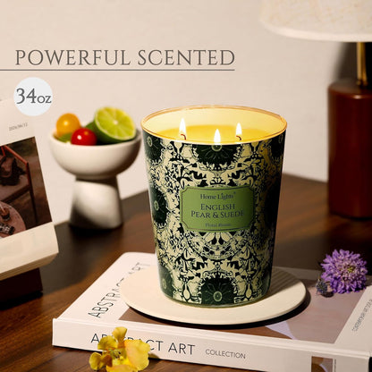 HomeLights Soy Wax Candles for Home Scented, 3-Wick Candles in English Pear & Suede Scented