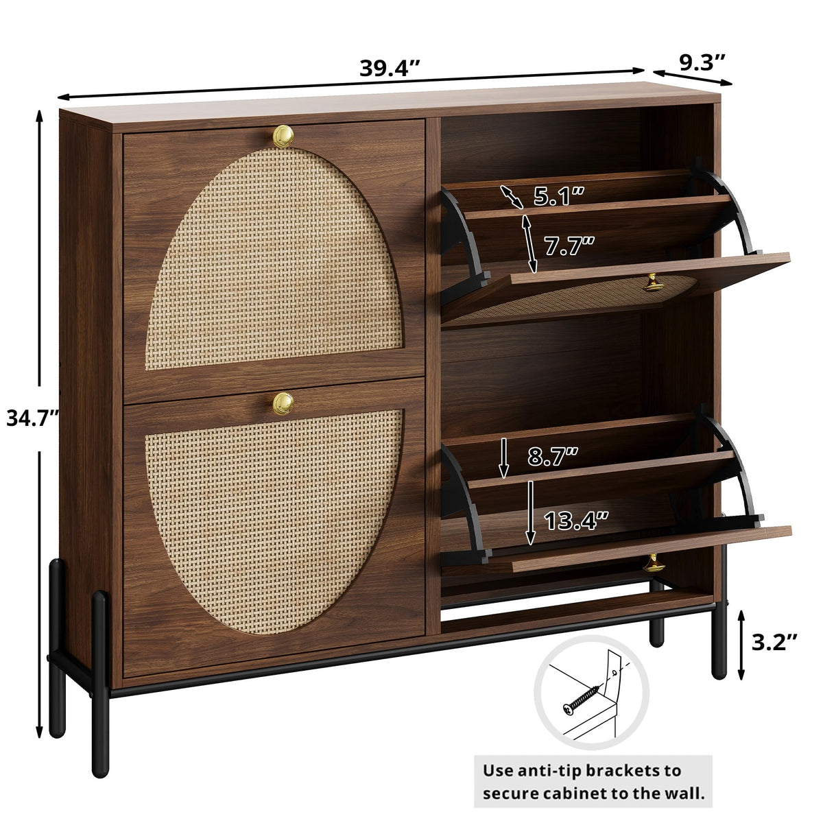 IRONCK Rattan Shoe Cabinet Storage with 4 Flip Drawers, Walnut