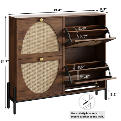 IRONCK Rattan Shoe Cabinet Storage with 4 Flip Drawers, Walnut