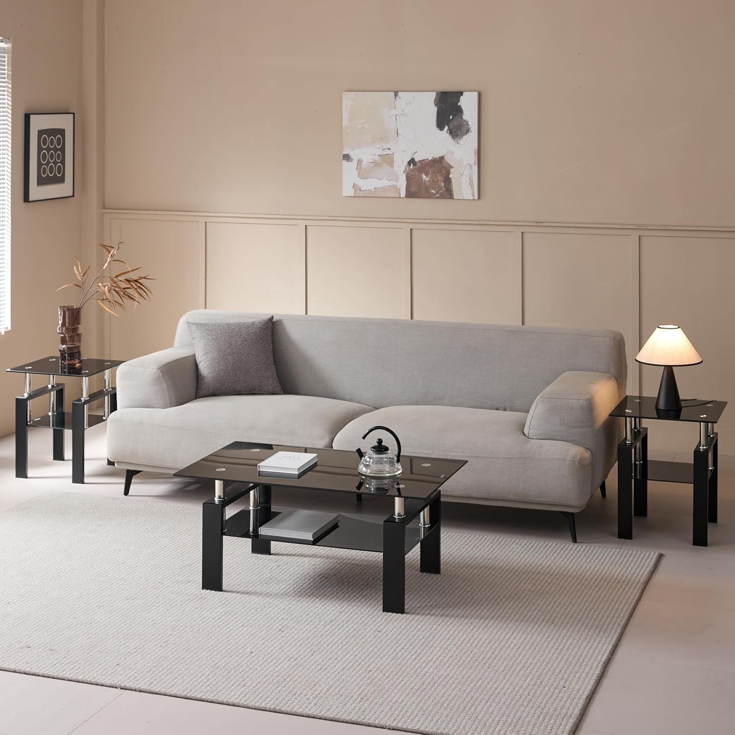 Black Glass Coffee Table for Living Room, Mordern Rectangle Tempered Glass Sofa Center Tables with
