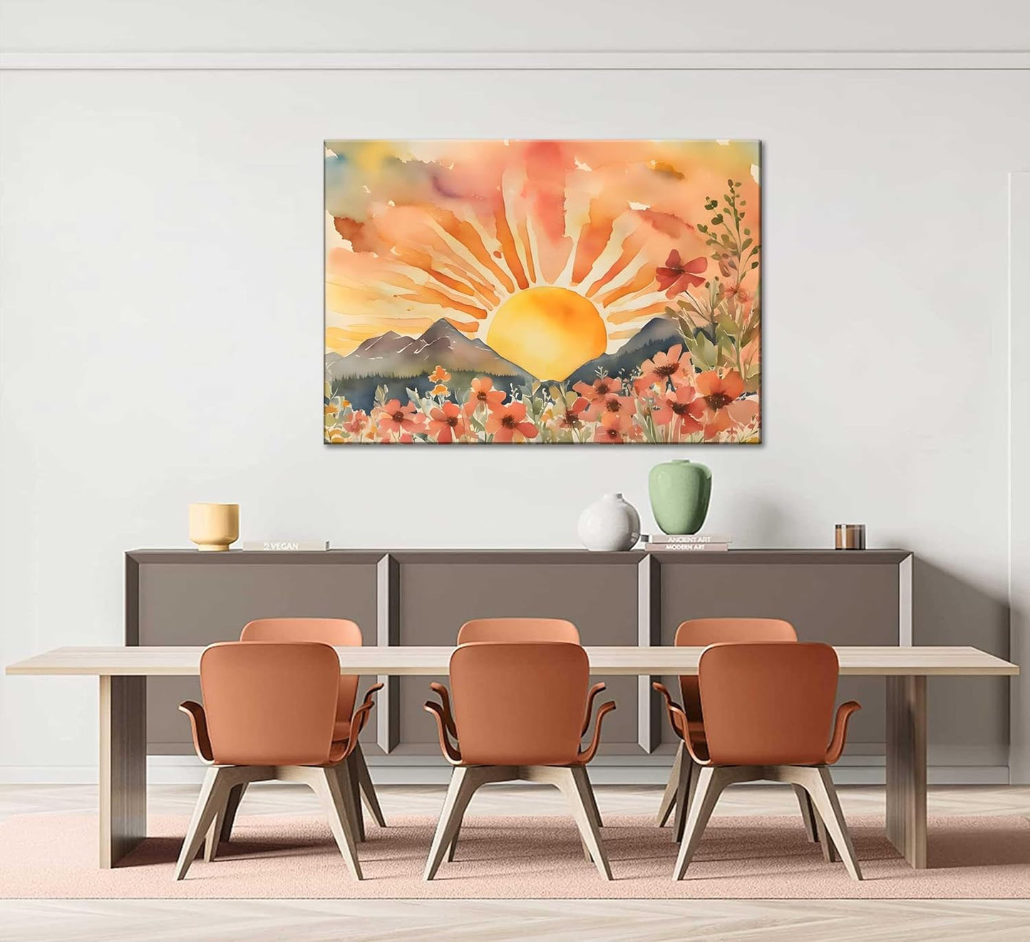 Boho Sun Canvas Wall art Mid-Century Modern Abstract Bohemian Sunset in The Mountains Watercolor