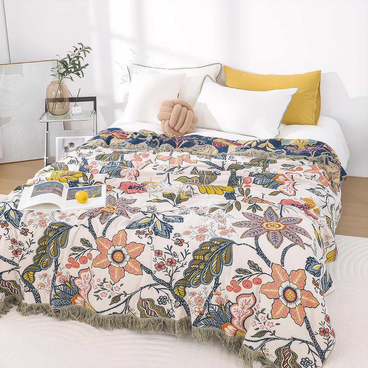 Snycler Boho Throw Blanket for Bed, 100% Organic Cotton Muslin Soft Throw-Floral Farmhouse Rustic