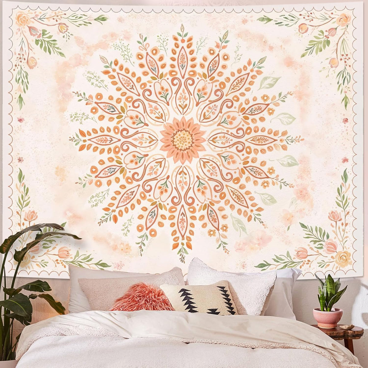 Lunerfex Floral Mandala Tapestry Boho Tapestry for Bedroom Peach Tapestries Wall Hanging Living