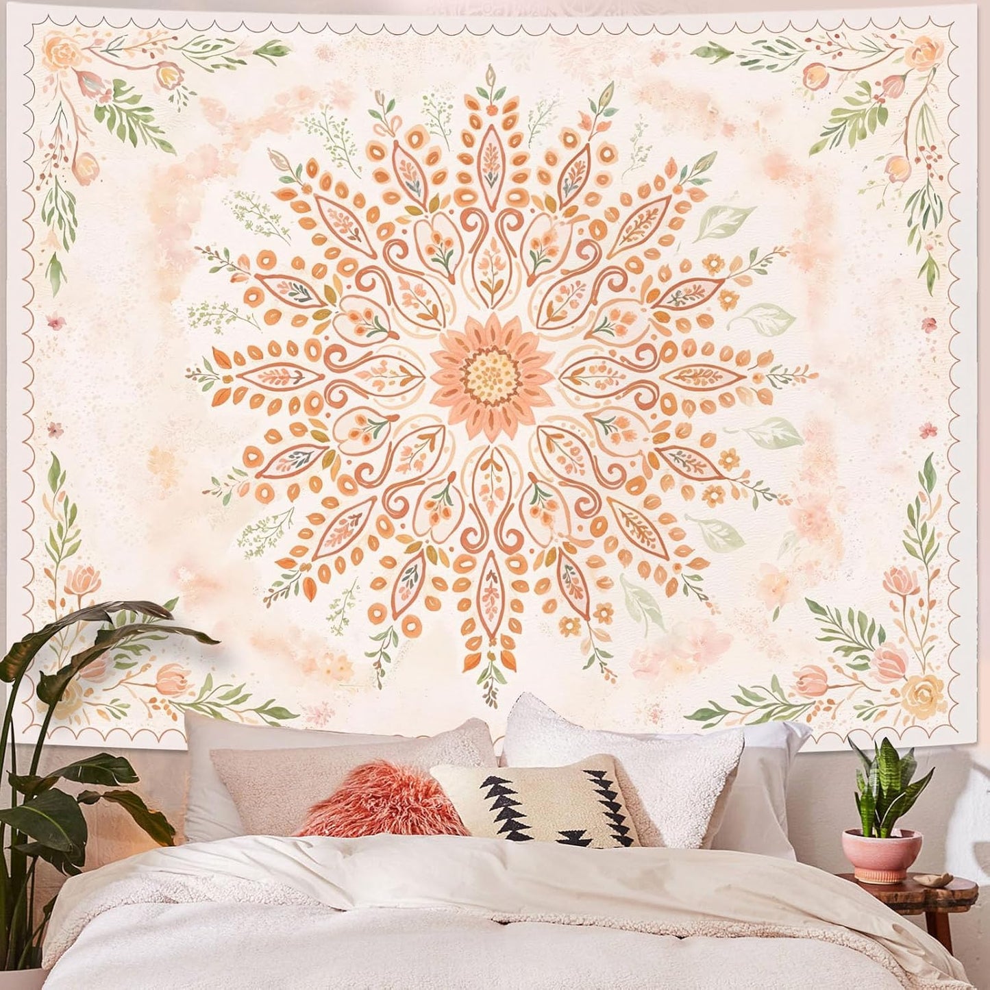 Lunerfex Floral Mandala Tapestry Boho Tapestry for Bedroom Peach Tapestries Wall Hanging Living