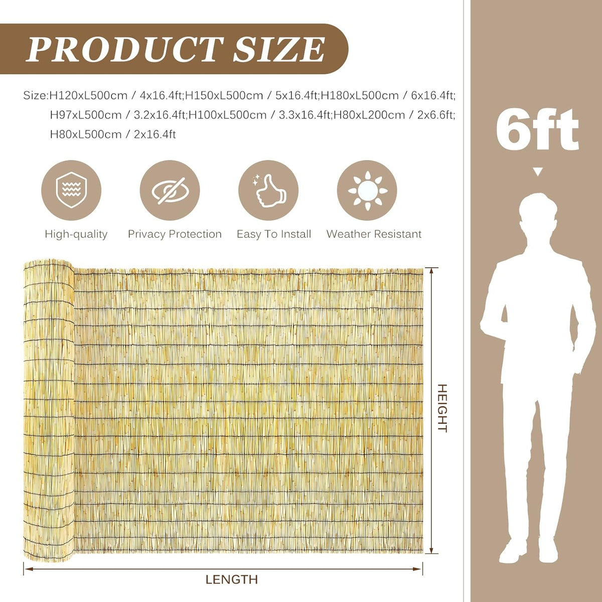 Natural Reed Fencing Rolls: Privacy Bamboo Fence 3/4/5/6ft High Roll Reed Screen, Decorative Bamboo