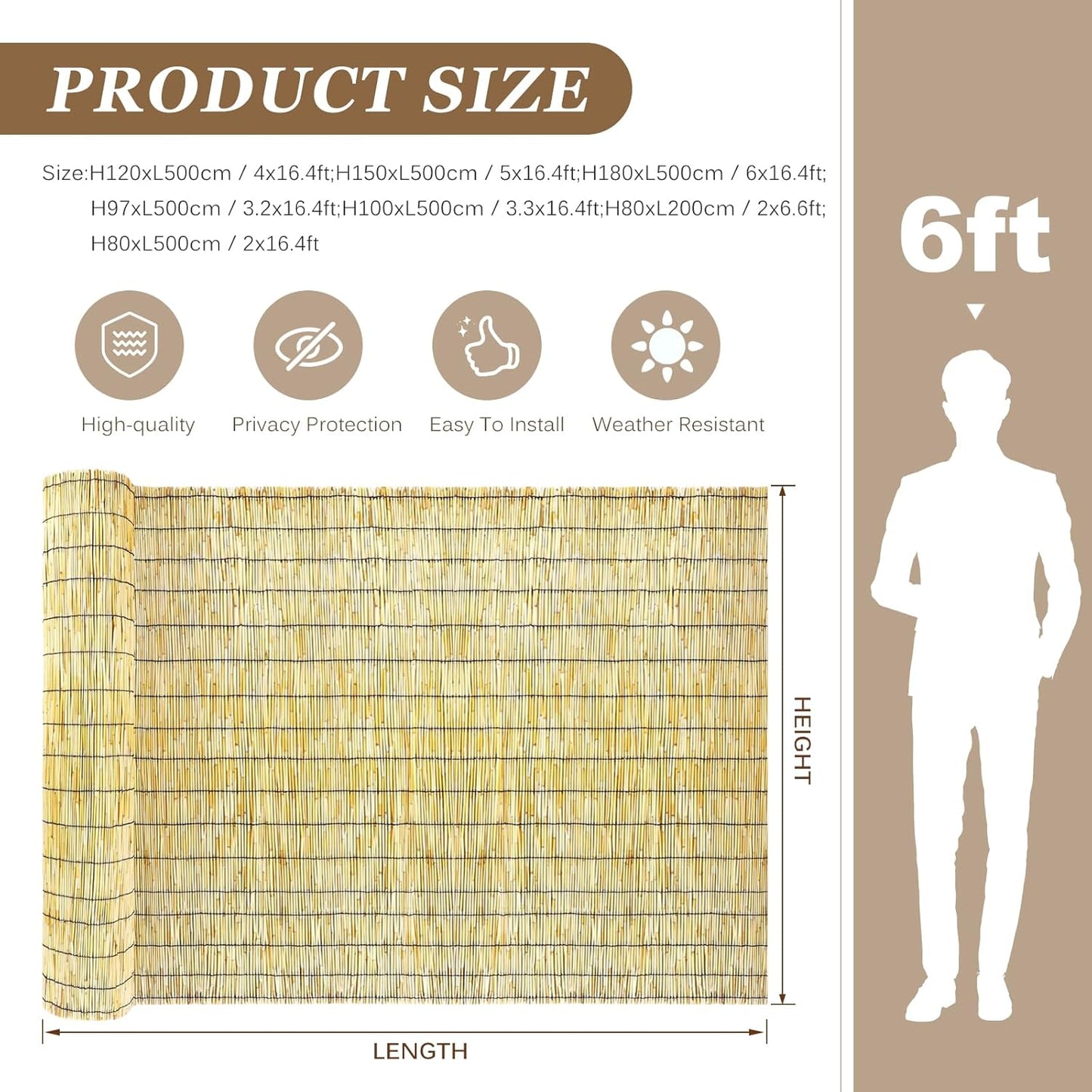 Natural Reed Fencing Rolls: Privacy Bamboo Fence 3/4/5/6ft High Roll Reed Screen, Decorative Bamboo