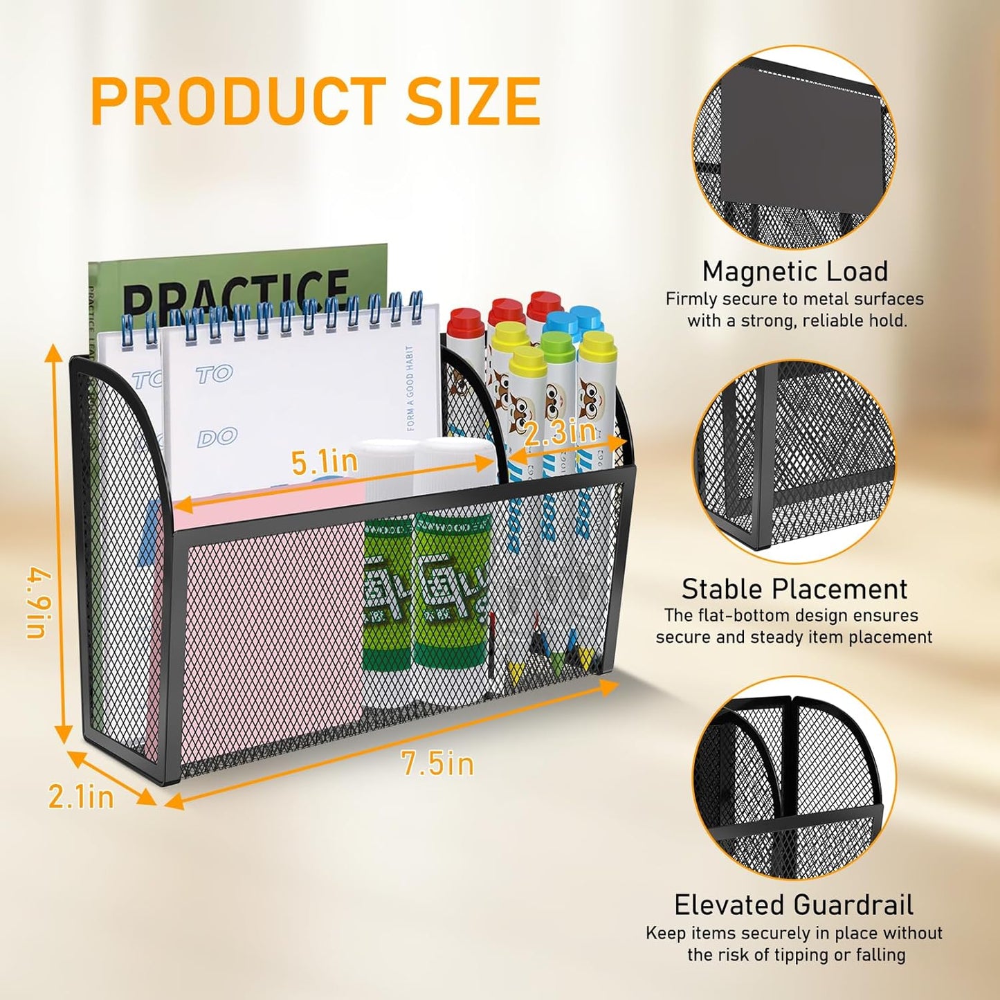 Magnetic Pencil Holder-Magnetic Basket for Fridge 3-Grid Mesh Magnetic Pen Holder for Refrigerator