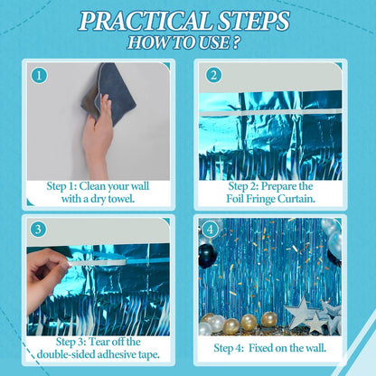 3 Pack Foil Fringe Backdrop - Blue Shiny Tinsel Curtains for Party Decoration/Photo Booth Props