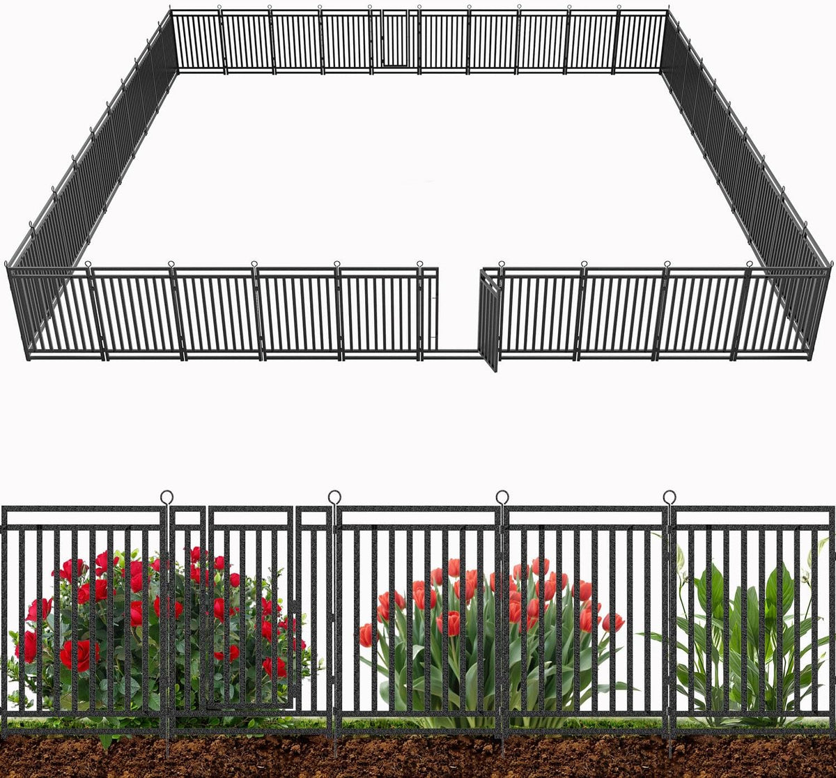 Decorative Garden Fence Metal Dog Fence Outdoor for Yard, 92ft (L) × 40in (H), 35 Panels + 5 Gates