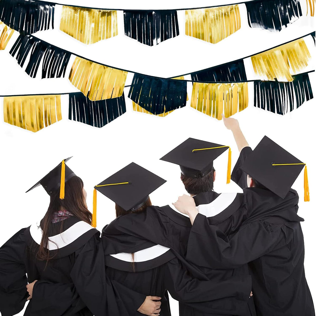 Black and Gold Tassel Banner Double Sided Metallic Fabric Pennant Bunting Flag Garland for