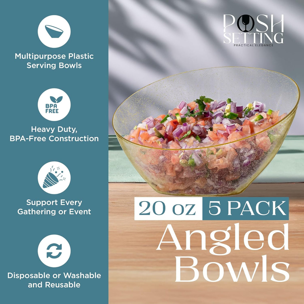 Posh Setting Gold Plastic Serving Bowls - Angled, Disposable for Chips, Candy, Salad, Fruit