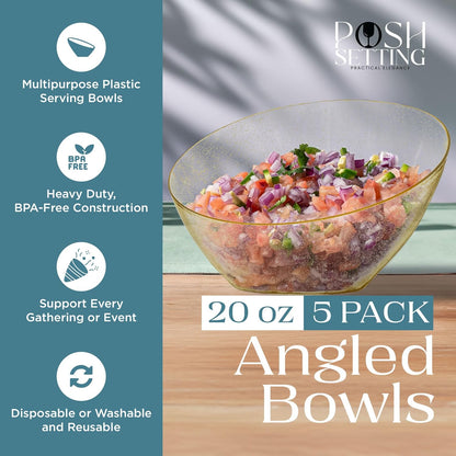 Posh Setting Gold Plastic Serving Bowls - Angled, Disposable for Chips, Candy, Salad, Fruit