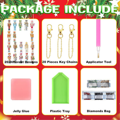 Tondiamo 20 Pcs Christmas Diamond Painting Keychain Kits 5d DIY Christmas Nutcracker Diamond Art