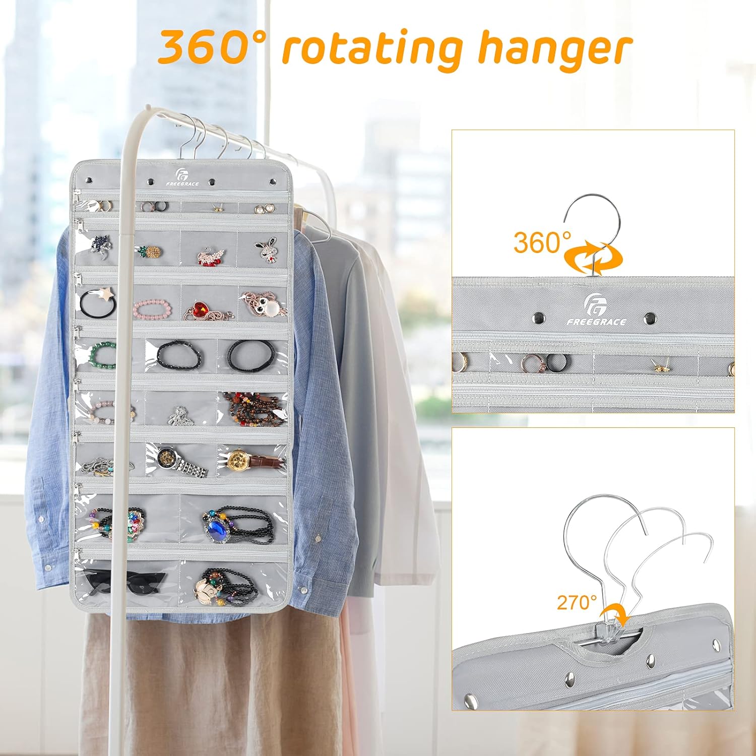 Freegrace Hanging Jewelry Organizer Revolving Hanger - Secure Zipper Closure - 25 Pockets,23 Hooks