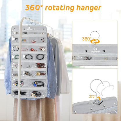Freegrace Hanging Jewelry Organizer Revolving Hanger - Secure Zipper Closure - 25 Pockets,23 Hooks