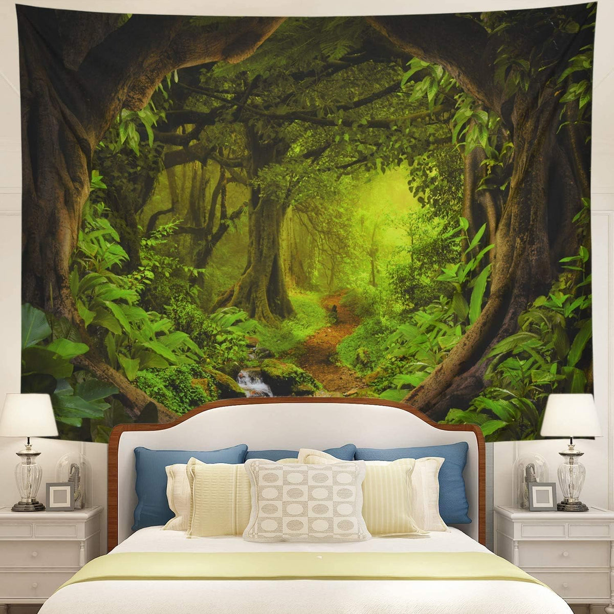 Tushelia Forest Nature Tapestry - Tree Cave Wall Hanging, Misty Forest Stream Through Rainforest