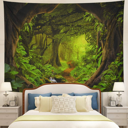 Tushelia Forest Nature Tapestry - Tree Cave Wall Hanging, Misty Forest Stream Through Rainforest