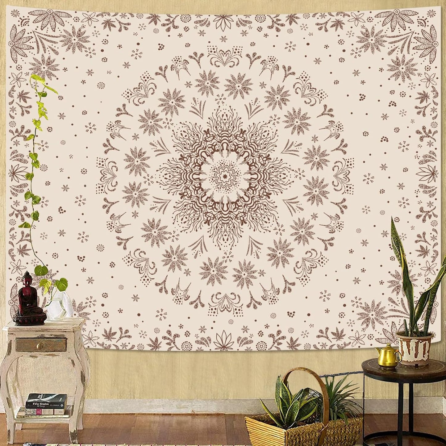 Fowocu Boho Floral Mandala Tapestry Wall Hanging Bohemian Flower Medallion Tapestry Aesthetic Beige