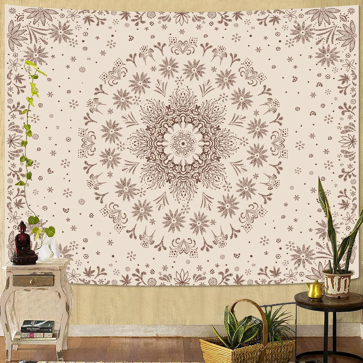 Fowocu Boho Floral Mandala Tapestry Wall Hanging Bohemian Flower Medallion Tapestry Aesthetic Beige